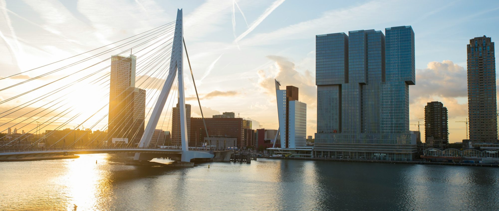 Image of Rotterdam when the sun is setting with a modern view with a bridge, skyline across the river.
